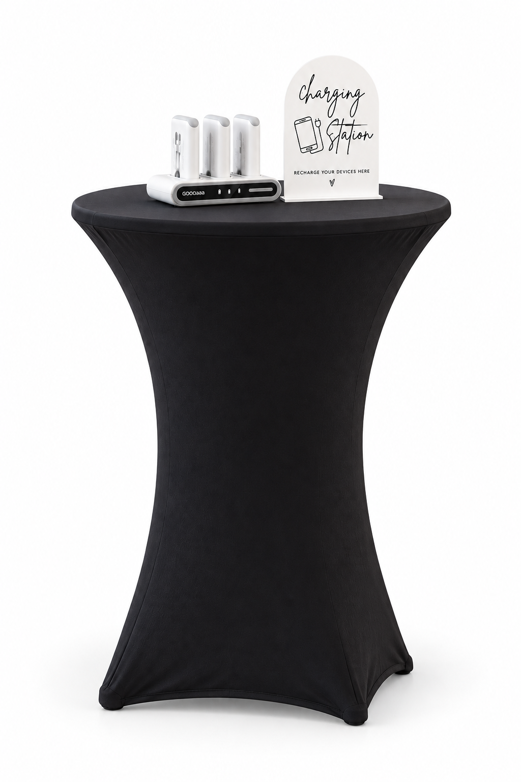 Black cocktail table with a fitted cover, a charging sign, and a dock with three portable power banks on a white background