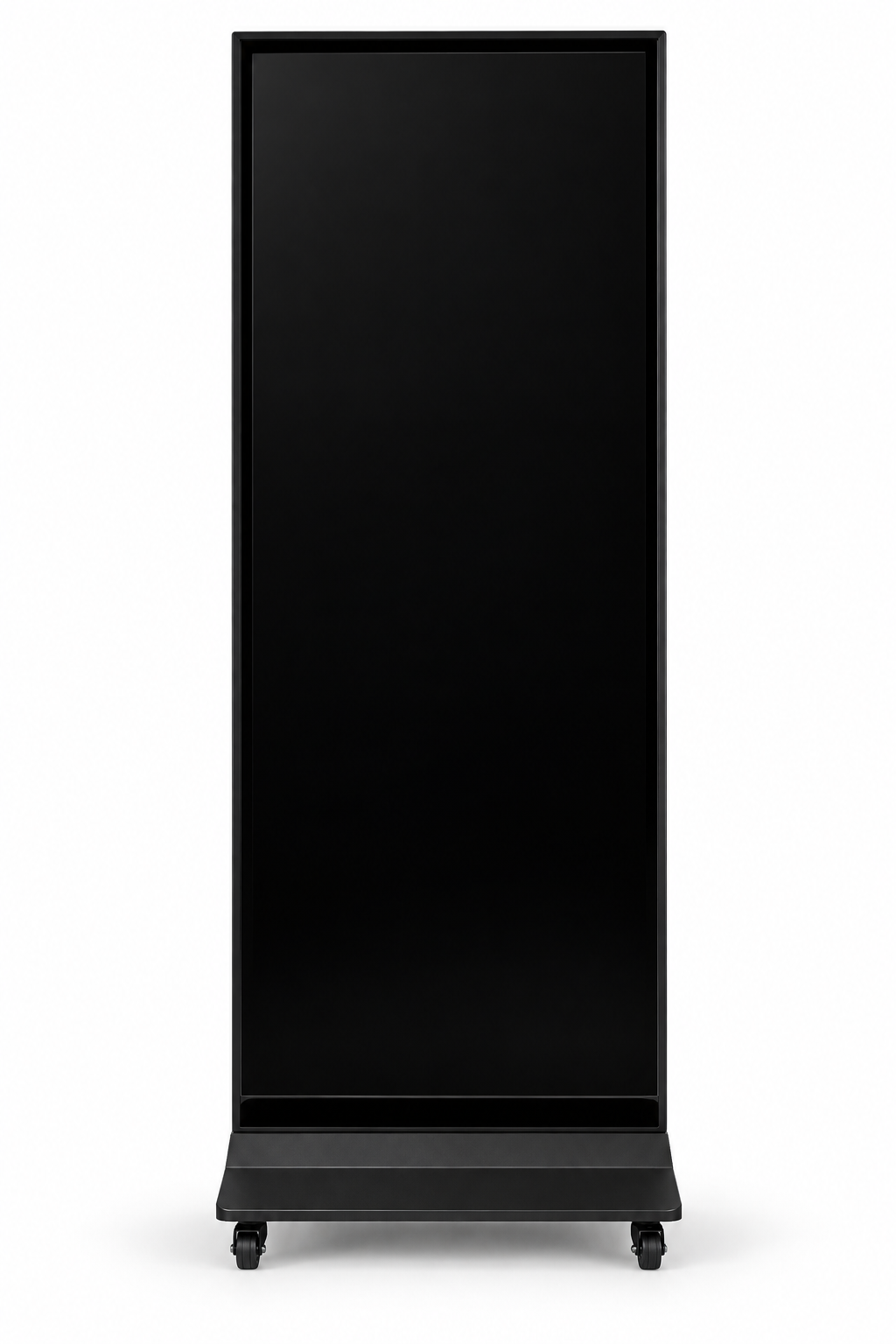 55-inch black touchscreen display kiosk on movable wheels against a white background