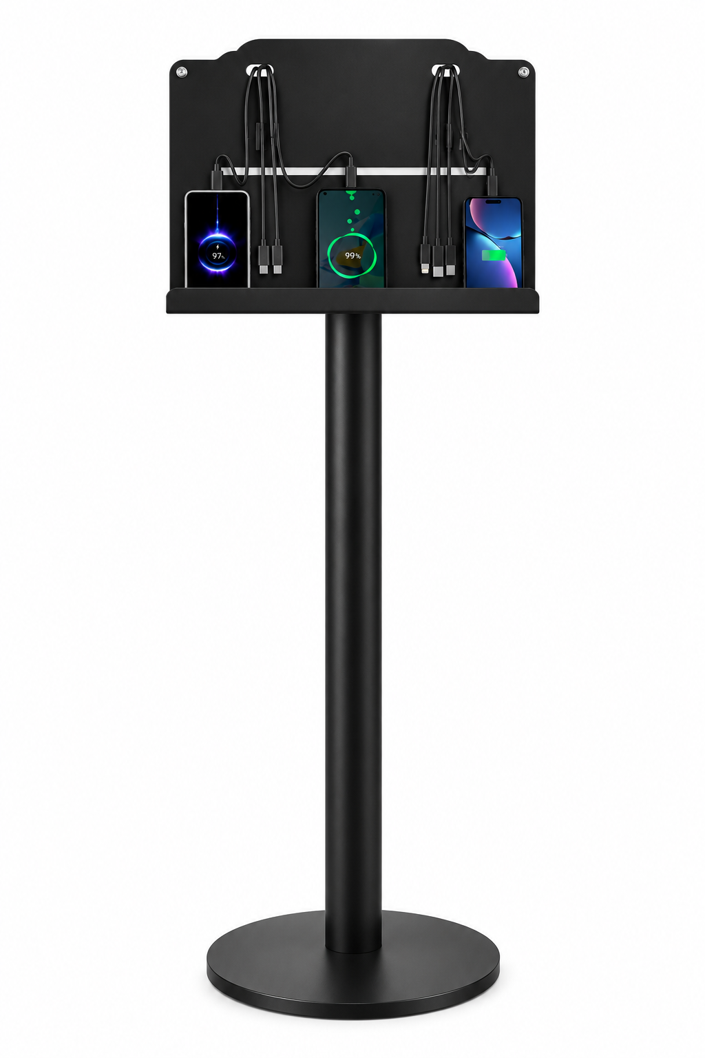 Illustrative black floor-standing phone charging station with multiple charging cables